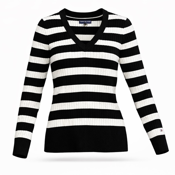 Tommy Hilfiger Sweaters - Tommy Hilfiger Women’s Black & White Striped Ribbed Slim Fit Sweater Siz…